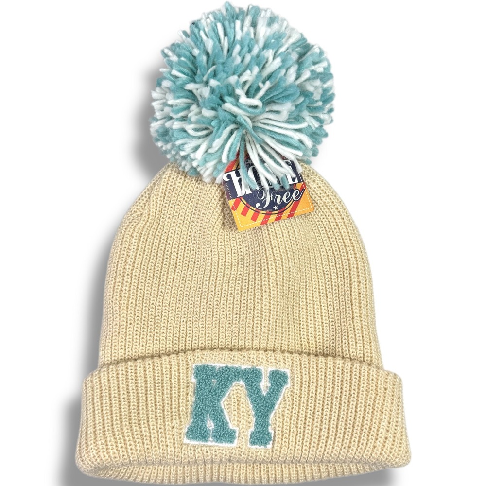 Home Free Womens Kentucky State Beanie Hat KY Logo Tan Blue Pom Pom 31000074